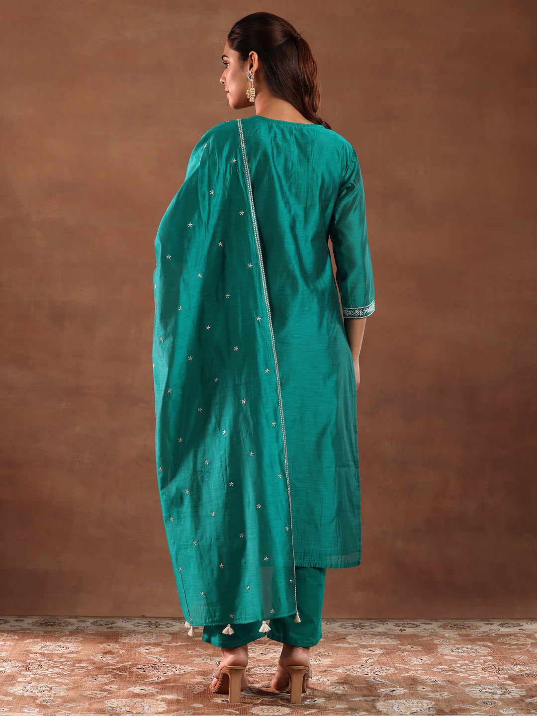 Teal Green Embroidered Chanderi Silk Straight Suit With Dupatta