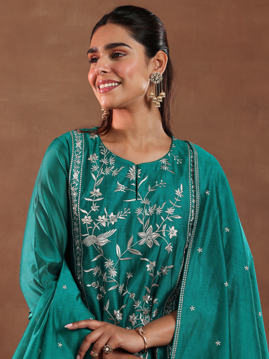 Teal Green Embroidered Chanderi Silk Straight Suit With Dupatta