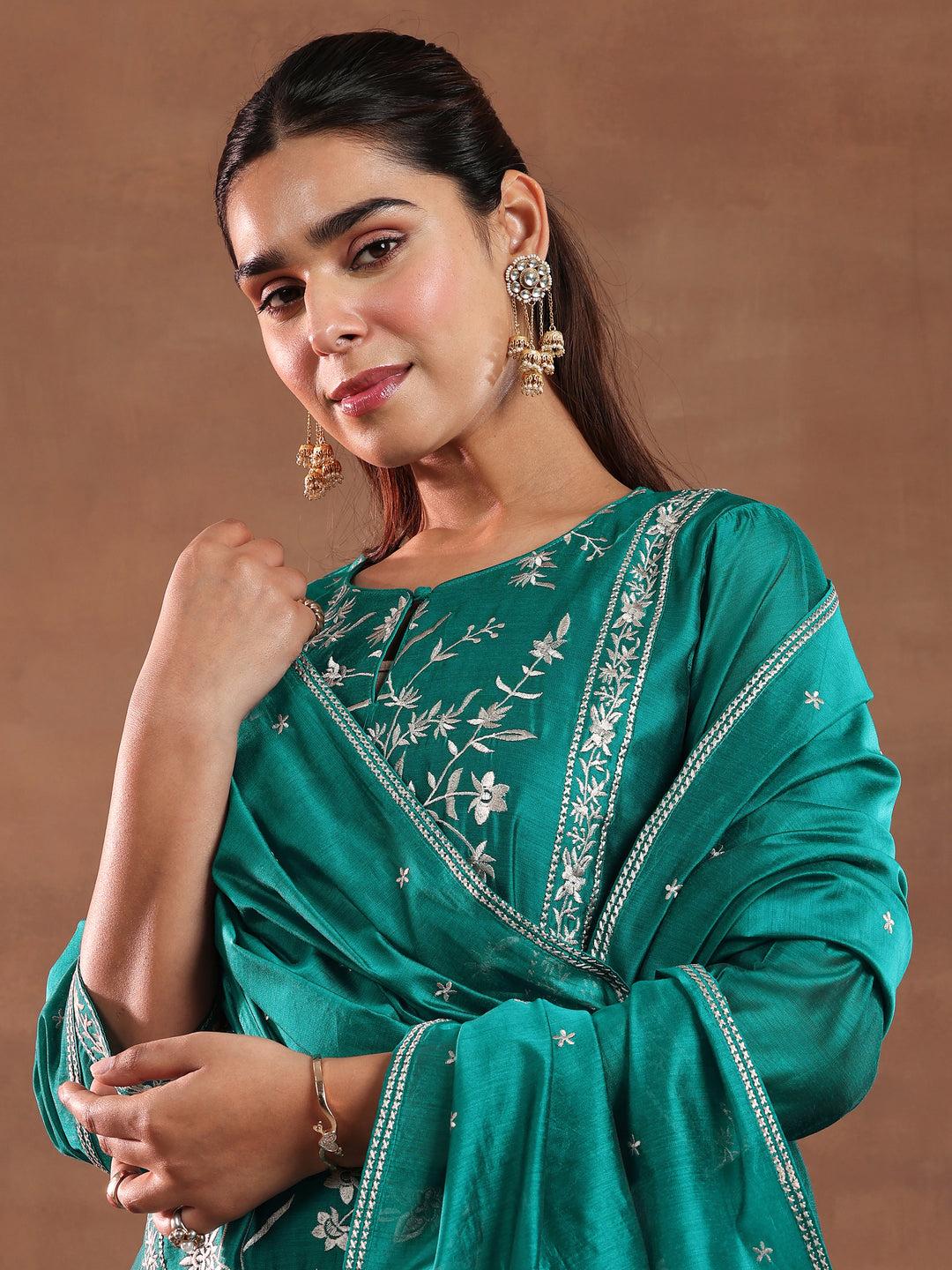 Teal Green Embroidered Chanderi Silk Straight Suit With Dupatta