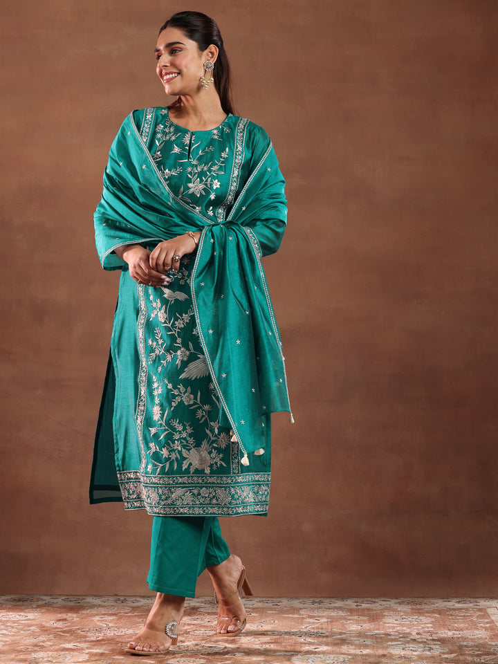 Teal Green Embroidered Chanderi Silk Straight Suit With Dupatta