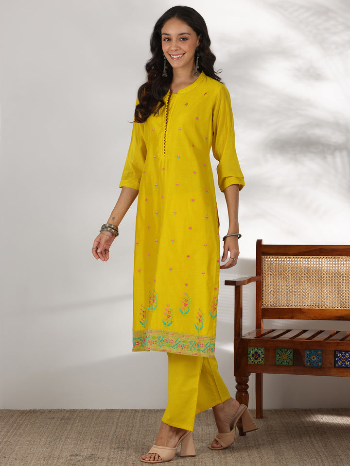 Yellow Embroidered Chanderi Silk Straight Suit With Dupatta