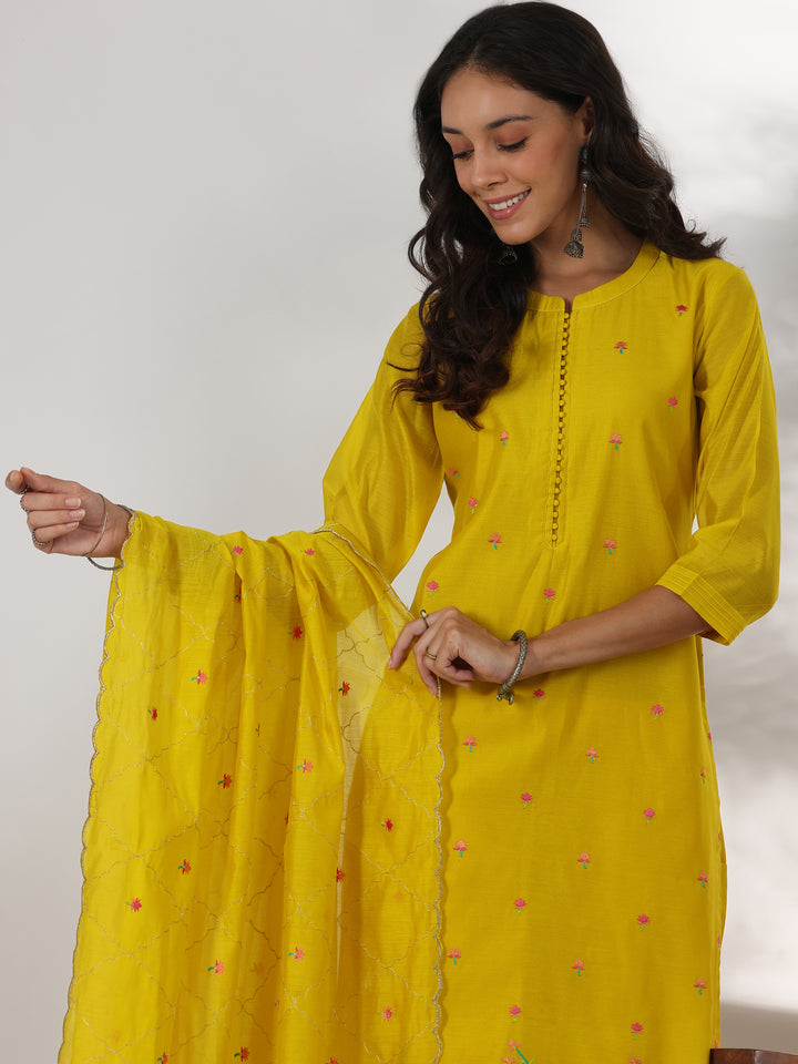 Yellow Embroidered Chanderi Silk Straight Suit With Dupatta