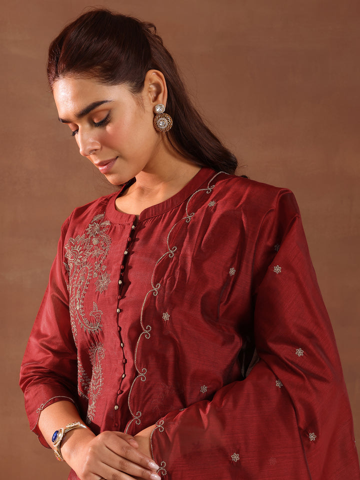 Maroon Embroidered Chanderi Silk Straight Suit With Dupatta