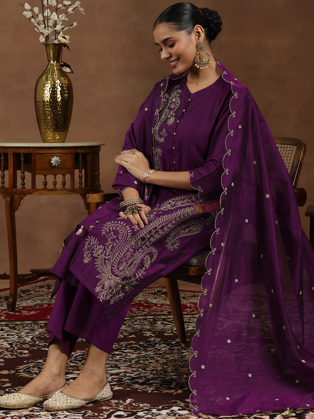 Buy Wine Embroidered Chanderi Silk Straight Suit With Dupatta Online in ...