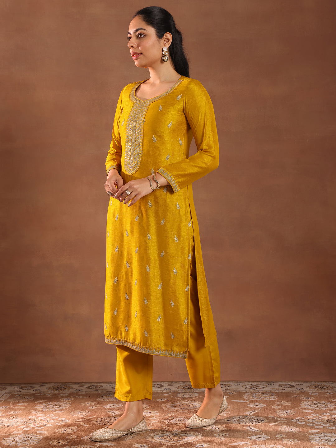 Mustard Embroidered Silk Blend Straight Suit With Dupatta