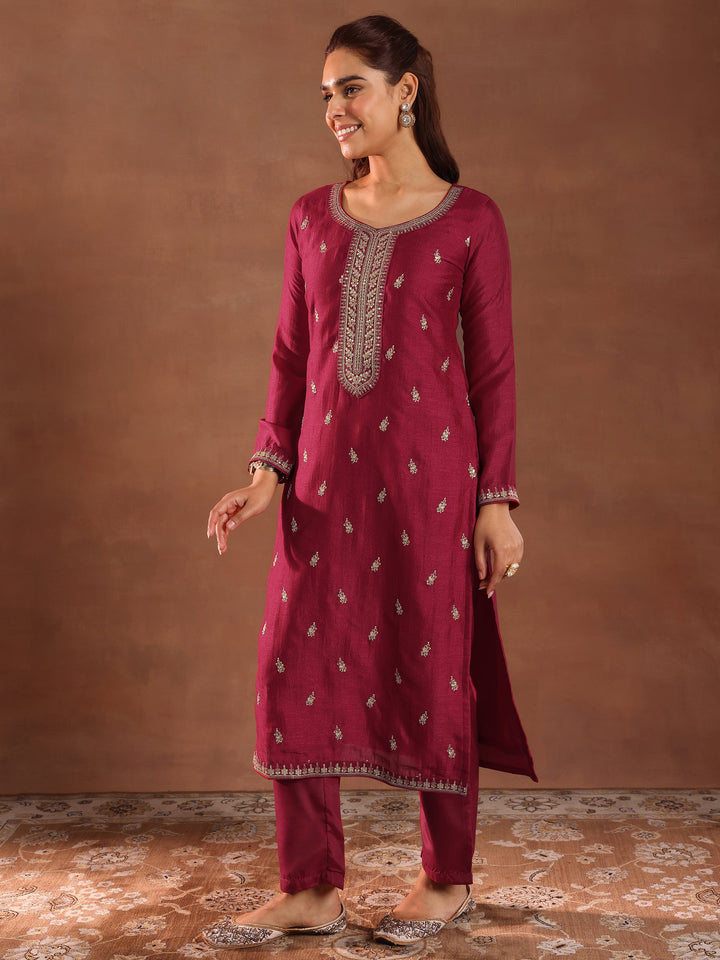 Pink Embroidered Silk Blend Straight Suit With Dupatta