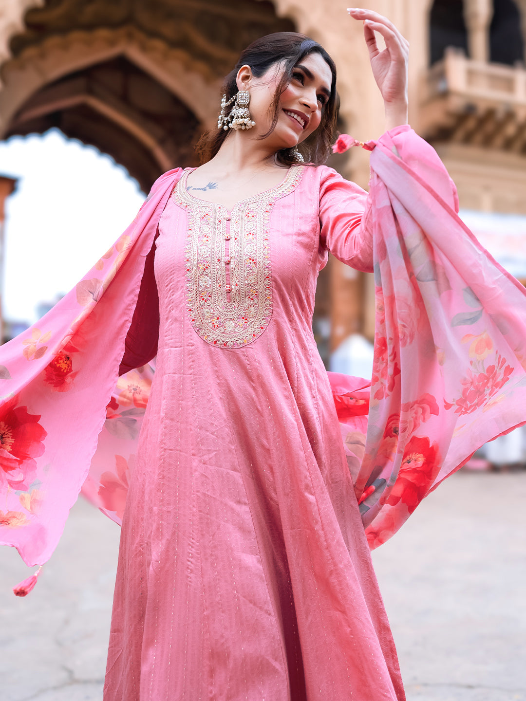 Pink Woven Design Silk Blend Anarkali Suit With Dupatta