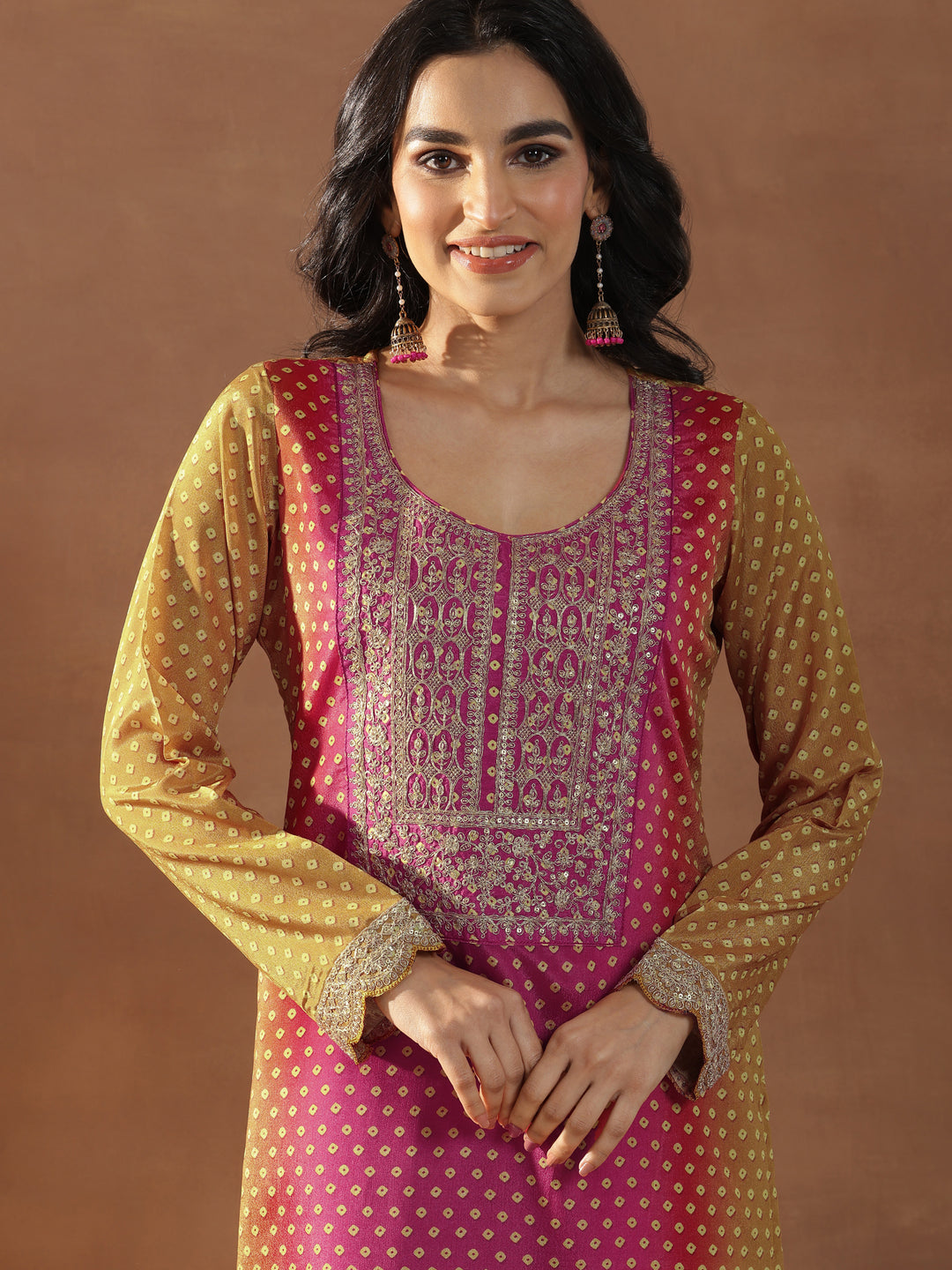 Mustard Printed Silk Blend Straight Suit Set With Dupatta