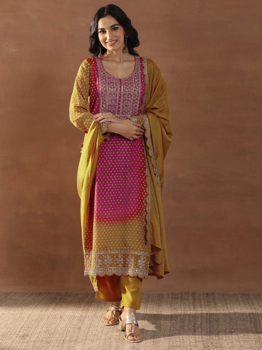 Mustard Printed Silk Blend Straight Suit Set With Dupatta