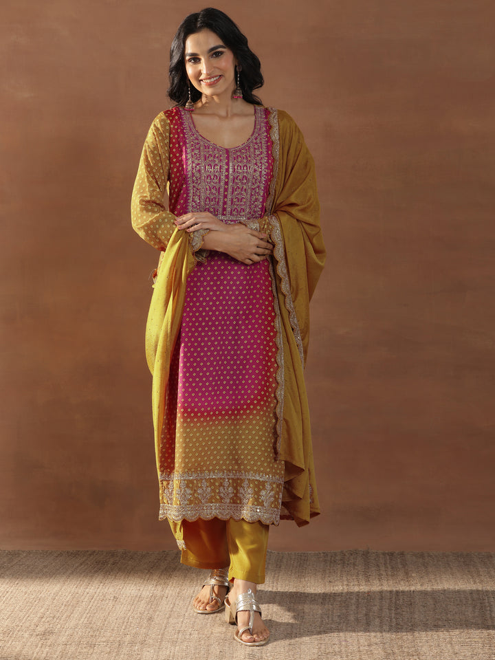 Mustard Printed Silk Blend Straight Suit Set With Dupatta
