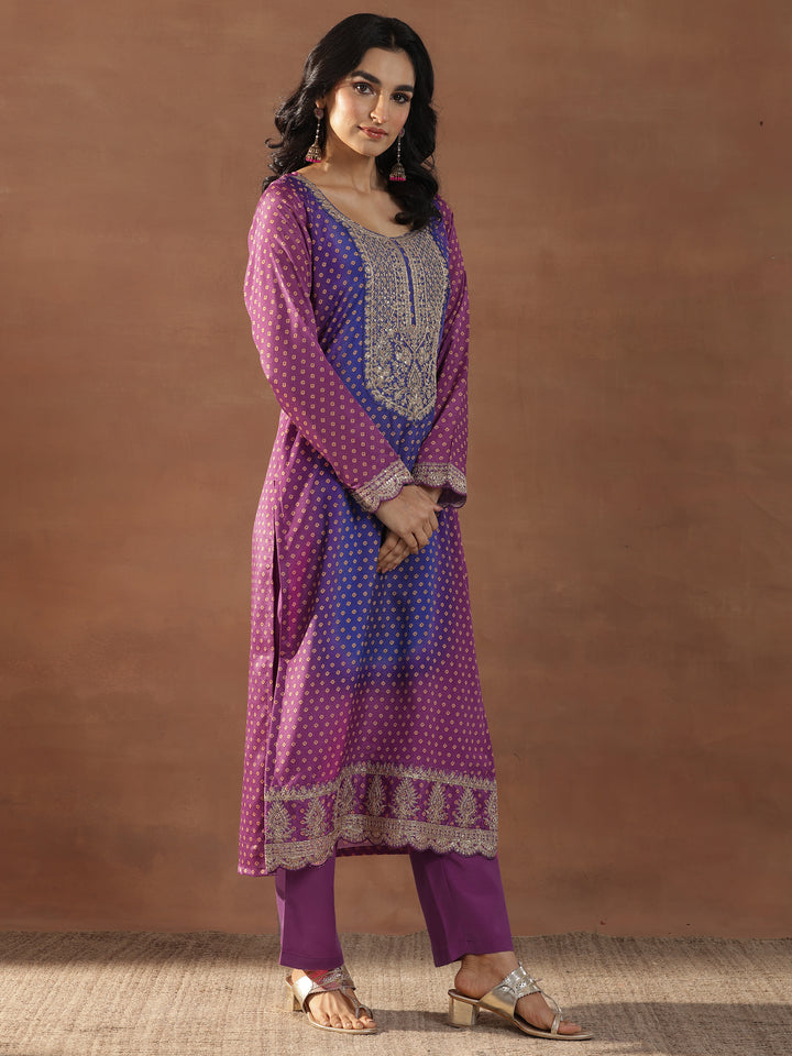 Magenta Printed Silk Blend Straight Suit Set With Dupatta