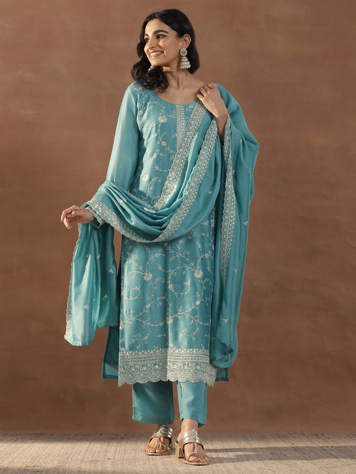 Blue Embroidered Silk Blend Straight Suits With Dupatta
