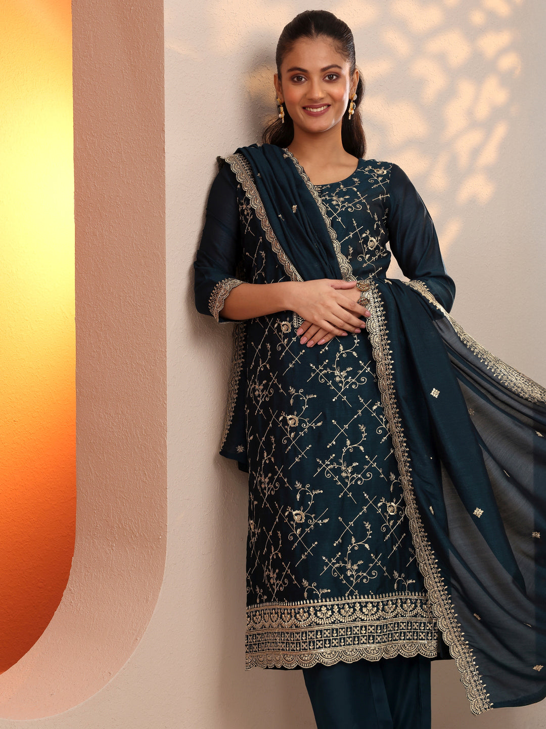 Teal Embroidered Silk Blend Straight Suit Set With Dupatta