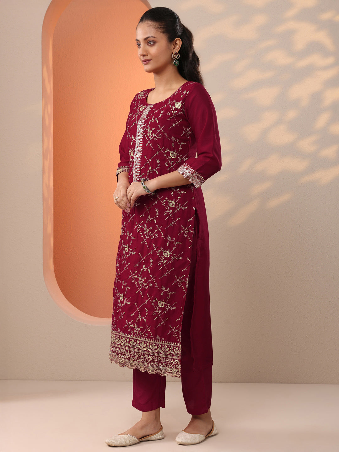 Libas Red Embroidered Silk Blend Straight Suit Set With Dupatta
