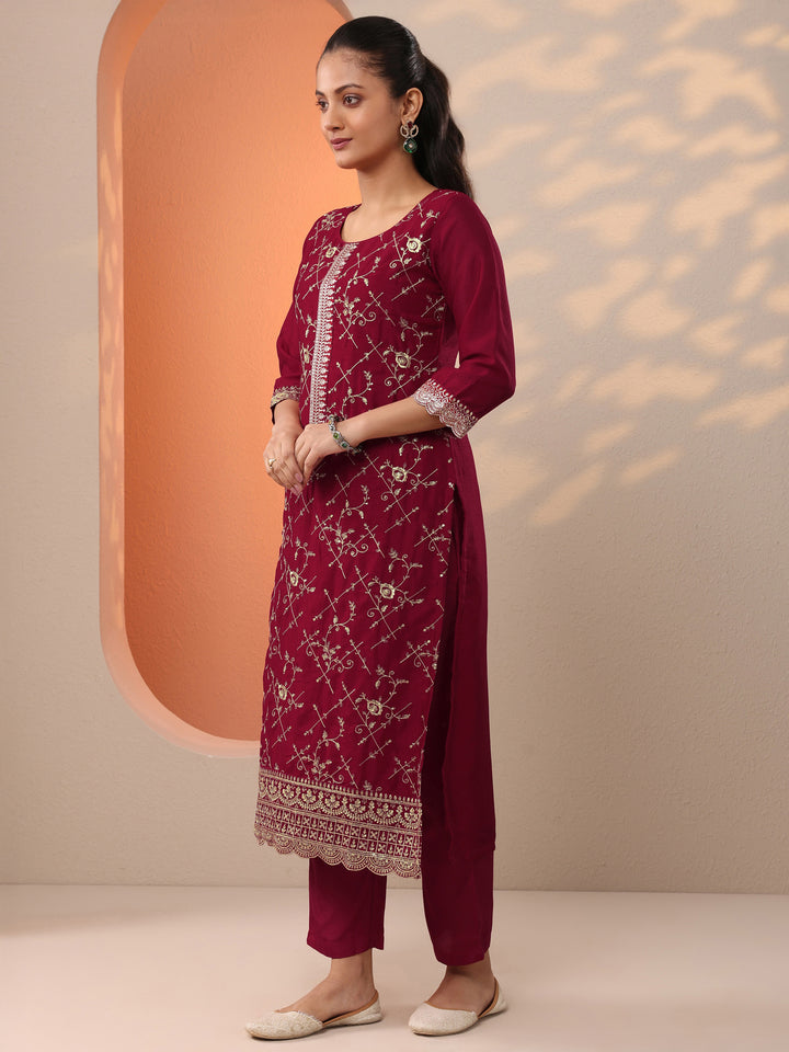 Libas Red Embroidered Silk Blend Straight Suit Set With Dupatta