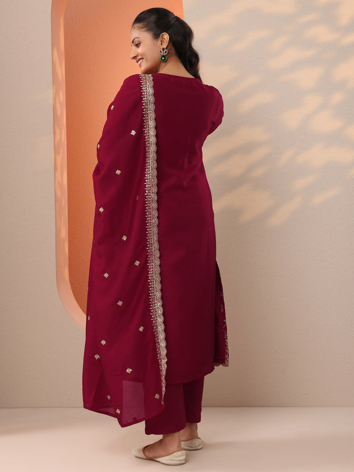 Libas Red Embroidered Silk Blend Straight Suit Set With Dupatta