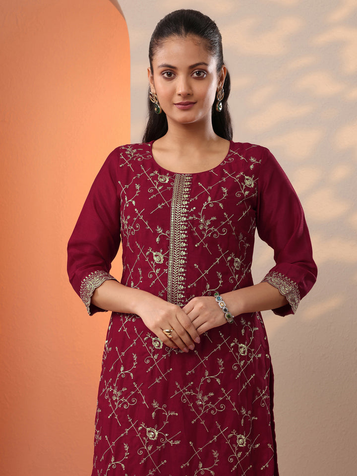 Libas Red Embroidered Silk Blend Straight Suit Set With Dupatta