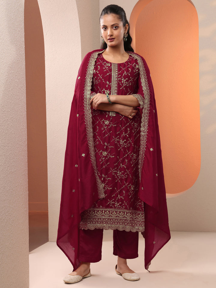 Libas Red Embroidered Silk Blend Straight Suit Set With Dupatta