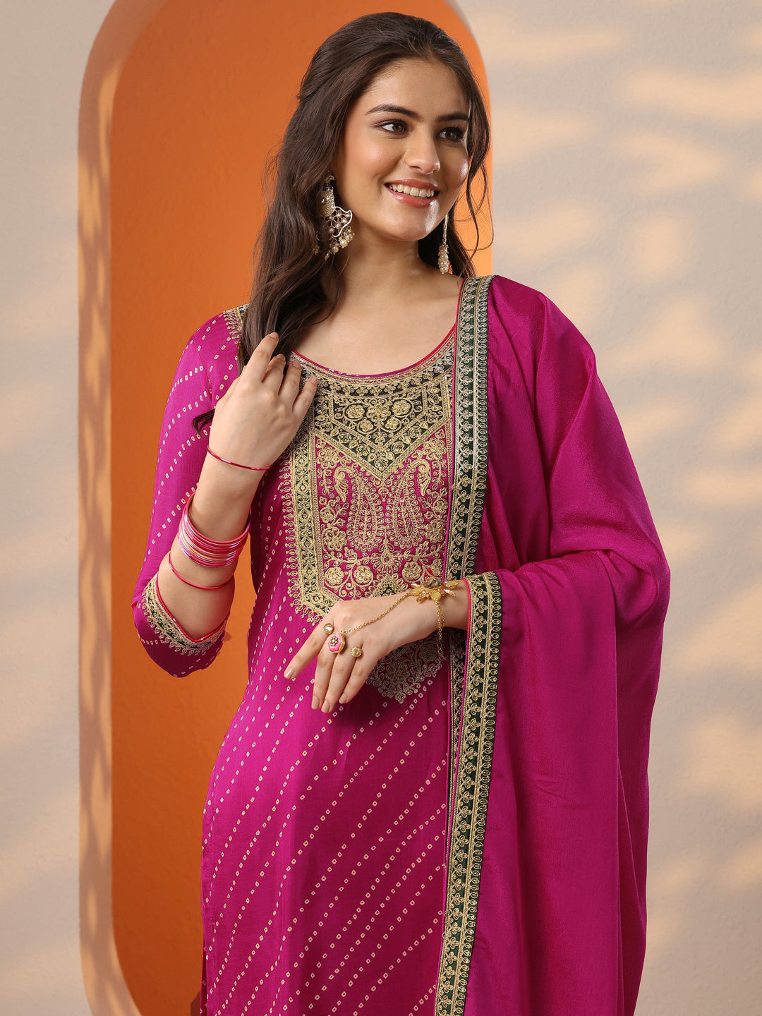 Pink Printed Silk Blend Straight Suit Set With Dupatta