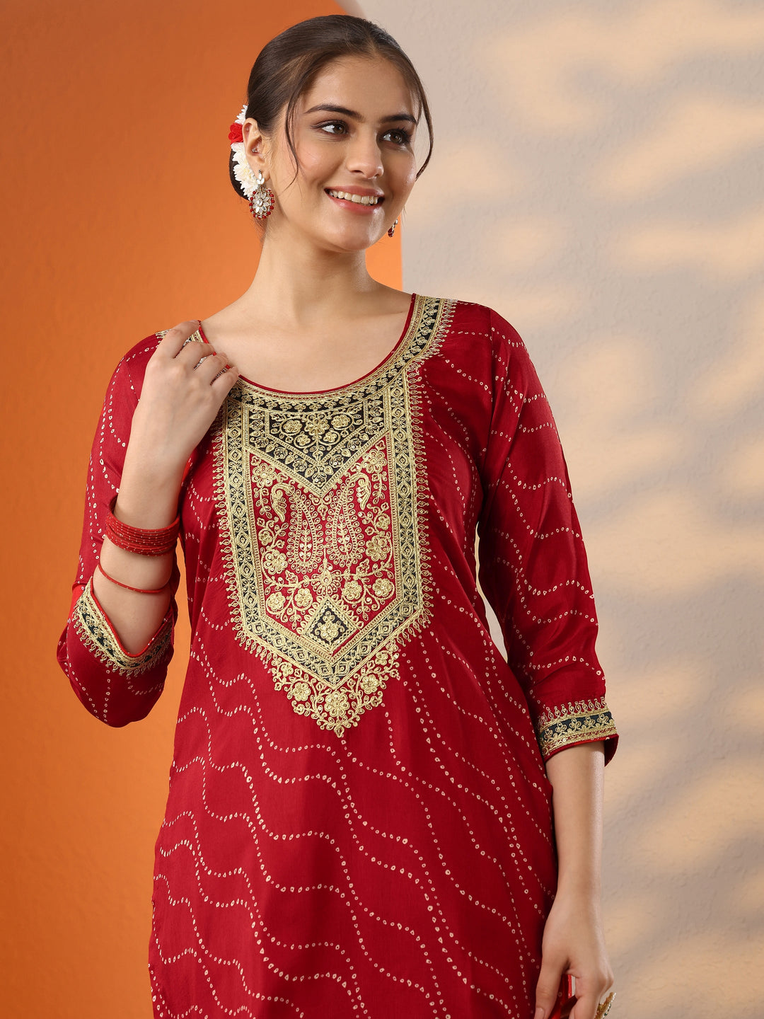 Red Printed Silk Blend Straight Suit Set With Dupatta