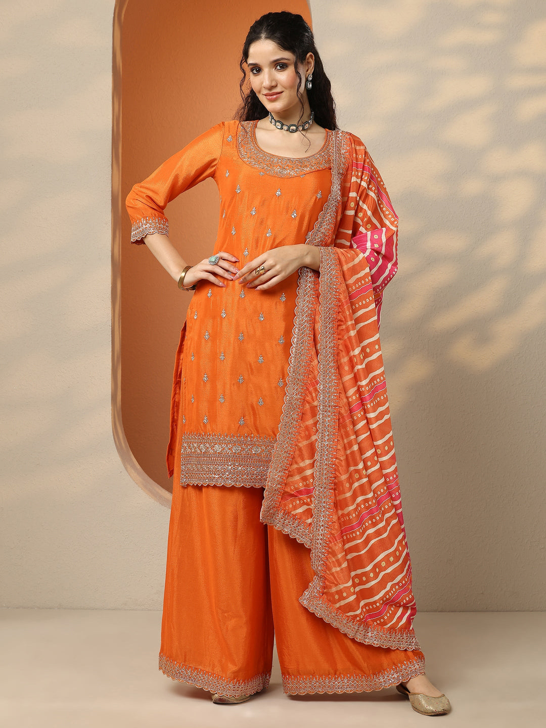 Orange Embroidered Chinon Straight Suit Set With Dupatta