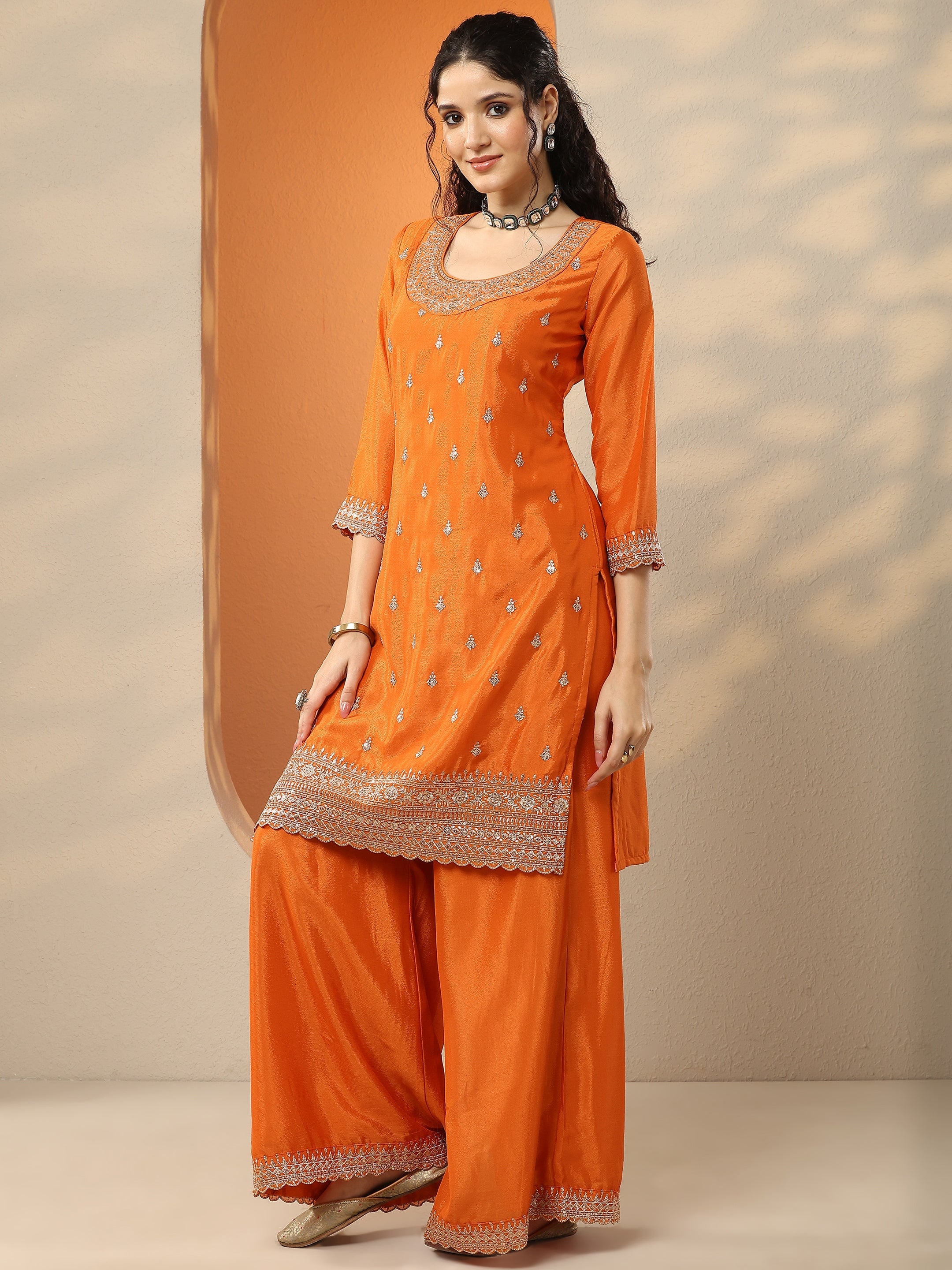 Alex Delora Design Jasmin suit オレンジ Buy Orange Embroidered Chinon Straight Suit Set With Dupatta
