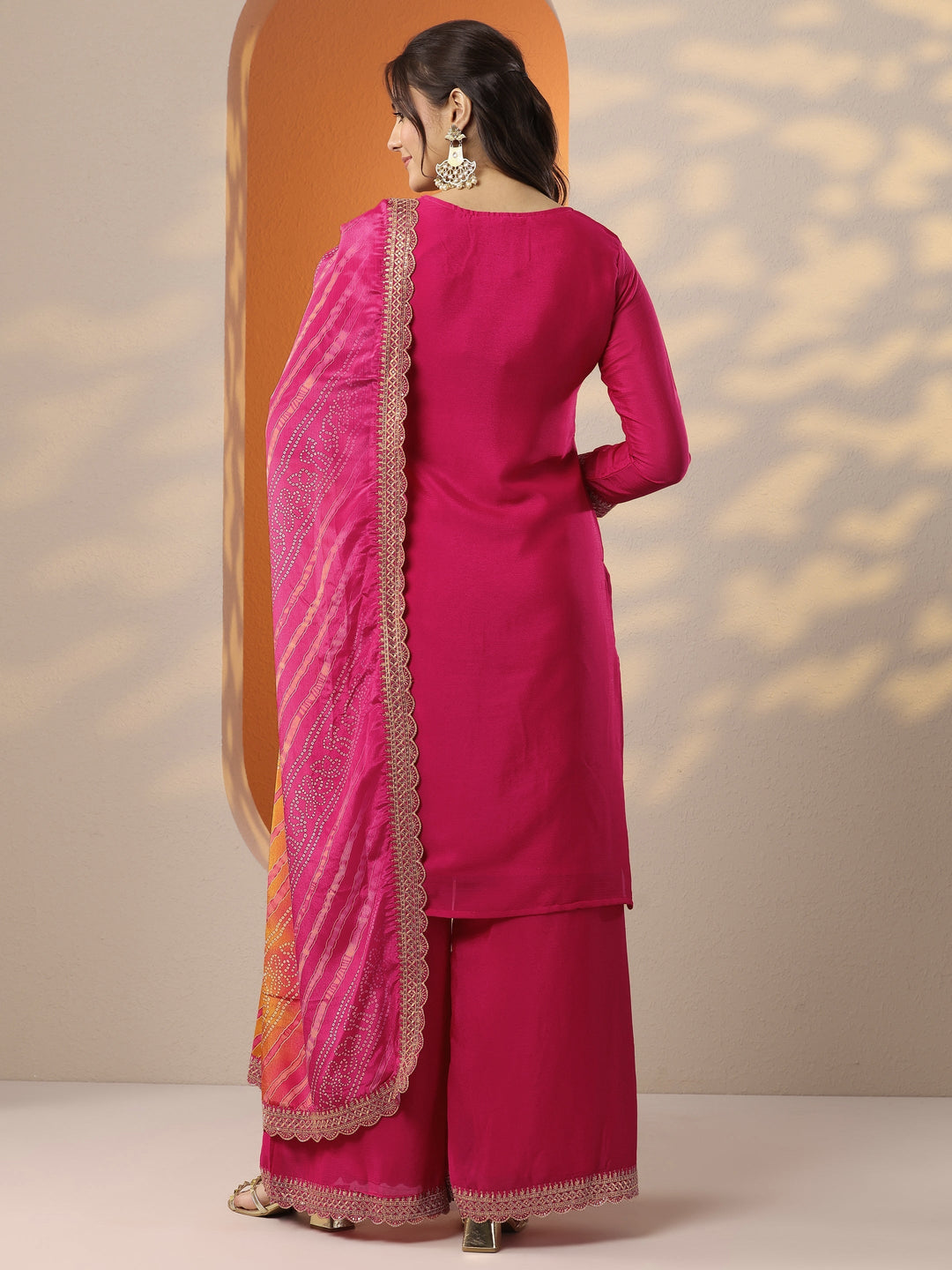 Pink Embroidered Chinon Straight Suit Set With Dupatta
