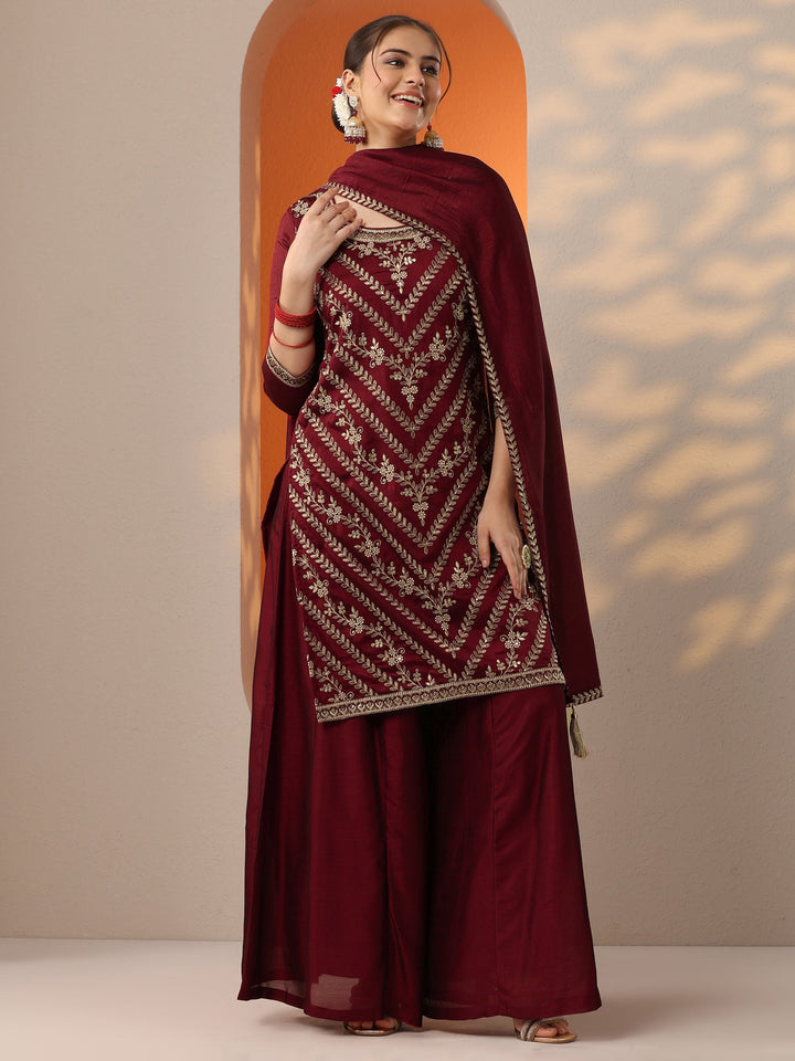 Maroon Embroidered Silk Blend Straight Suit Set With Dupatta