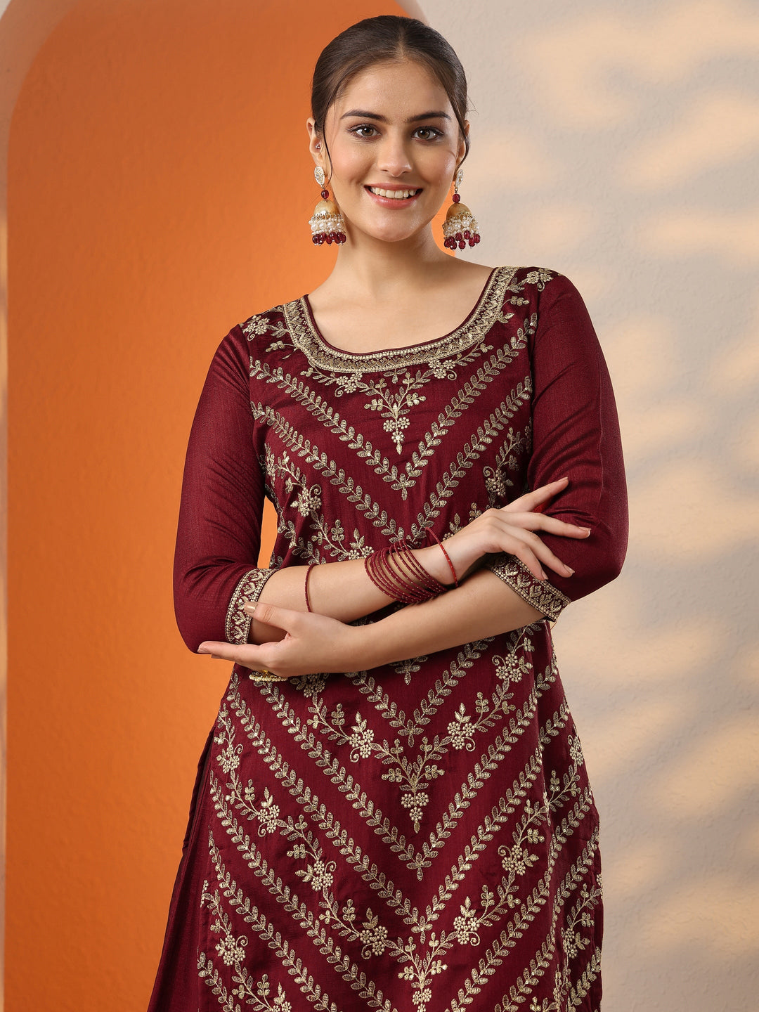 Maroon Embroidered Silk Blend Straight Suit Set With Dupatta
