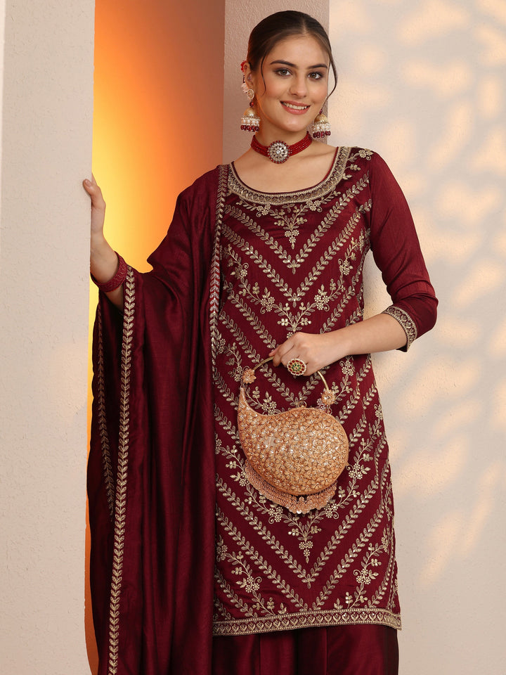 Maroon Embroidered Silk Blend Straight Suit Set With Dupatta