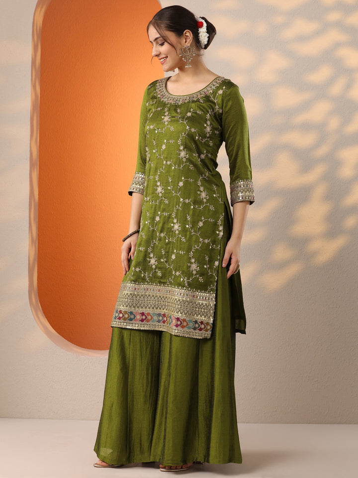 Olive Embroidered Silk Blend Straight Suit Set With Dupatta