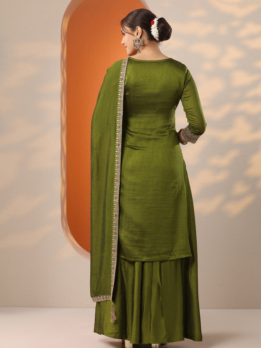 Olive Embroidered Silk Blend Straight Suit Set With Dupatta