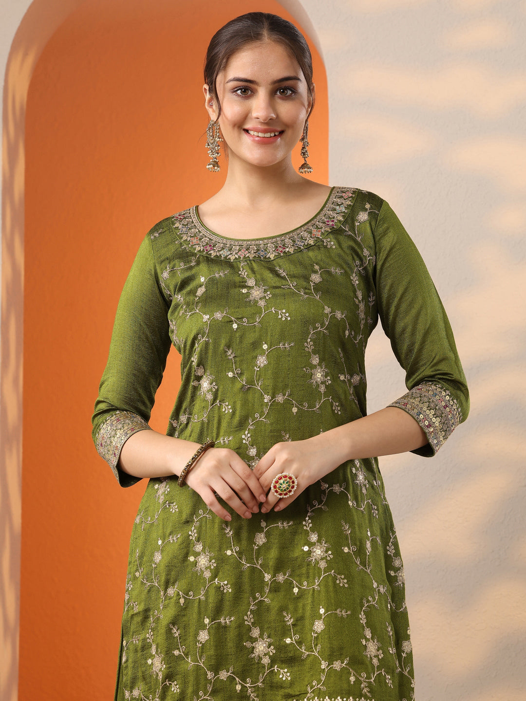 Olive Embroidered Silk Blend Straight Suit Set With Dupatta