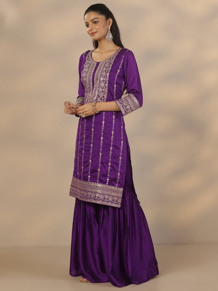 Purple Embroidered Silk Blend Straight Suit Set With Dupatta