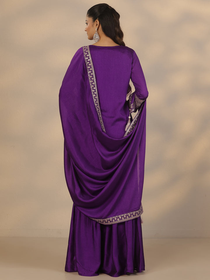 Purple Embroidered Silk Blend Straight Suit Set With Dupatta