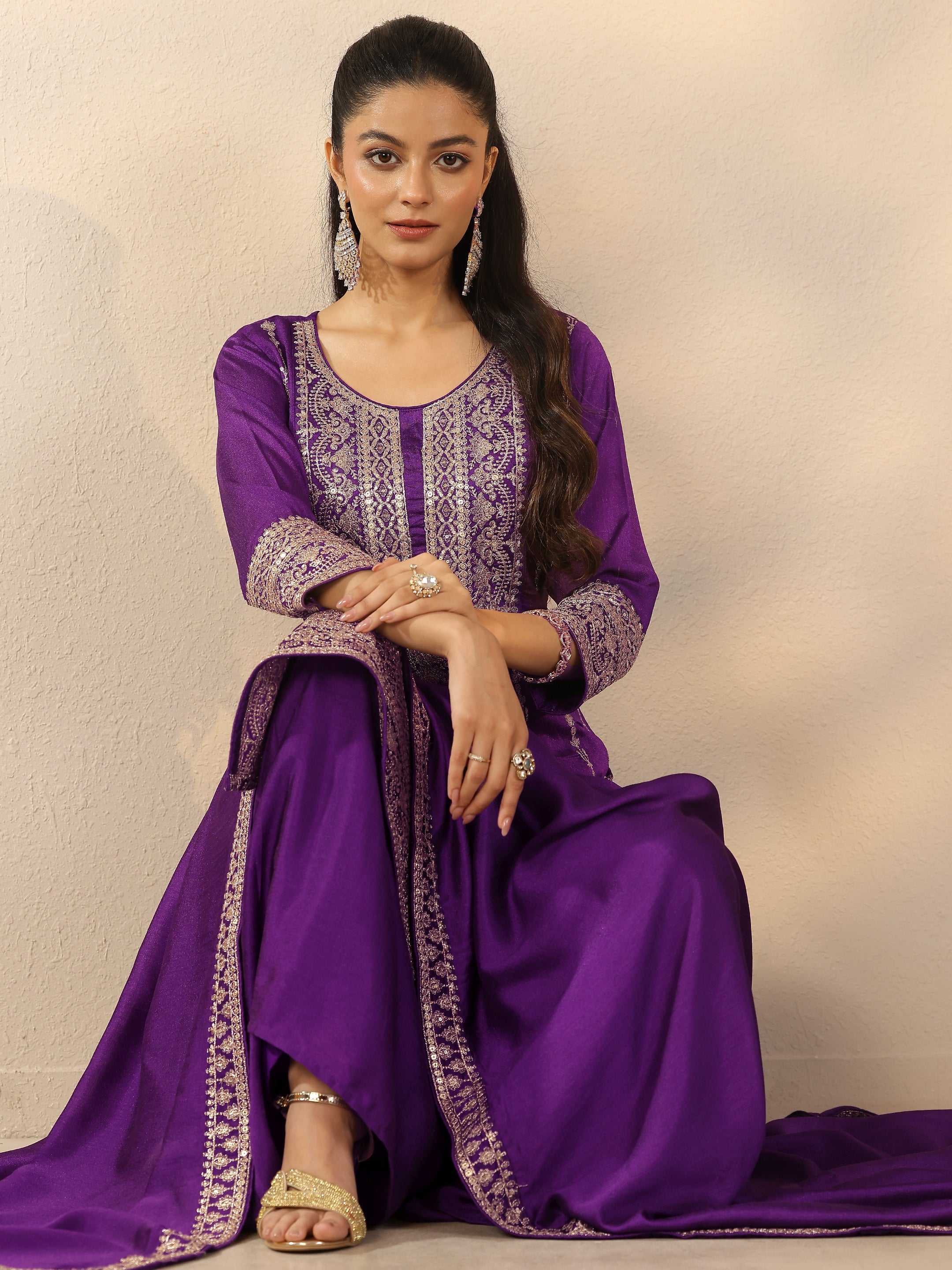 Libas Purple Floral Anarkali Suit Set
