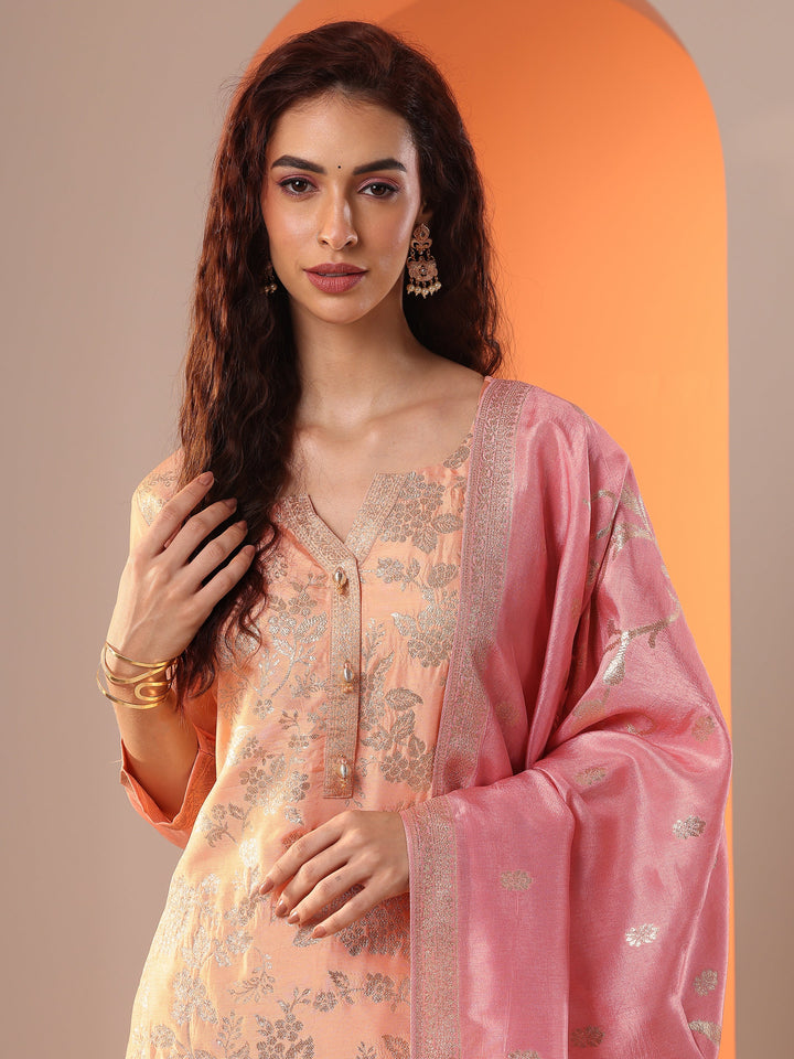 Peach Woven Design Silk Blend Straight Suit Set With Dupatta