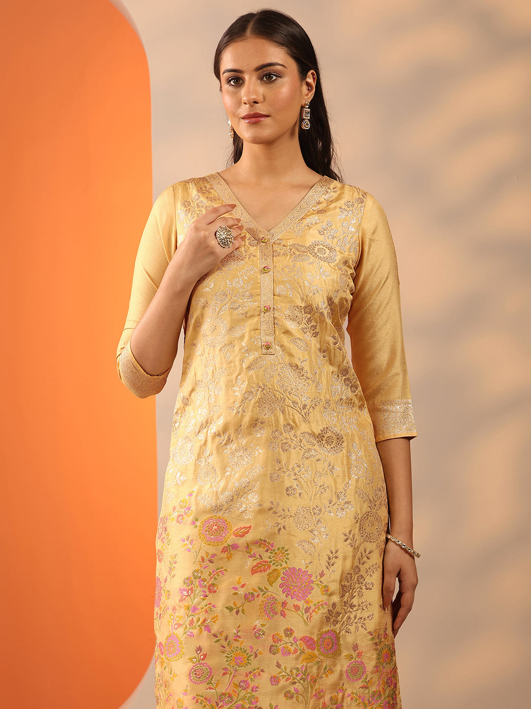 Yellow Woven Design Silk Blend Straight Suit Set With Dupatta