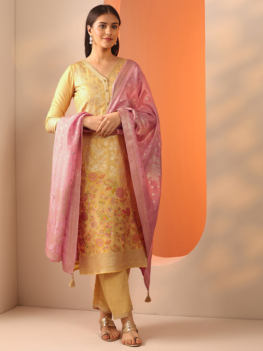Yellow Woven Design Silk Blend Straight Suit Set With Dupatta