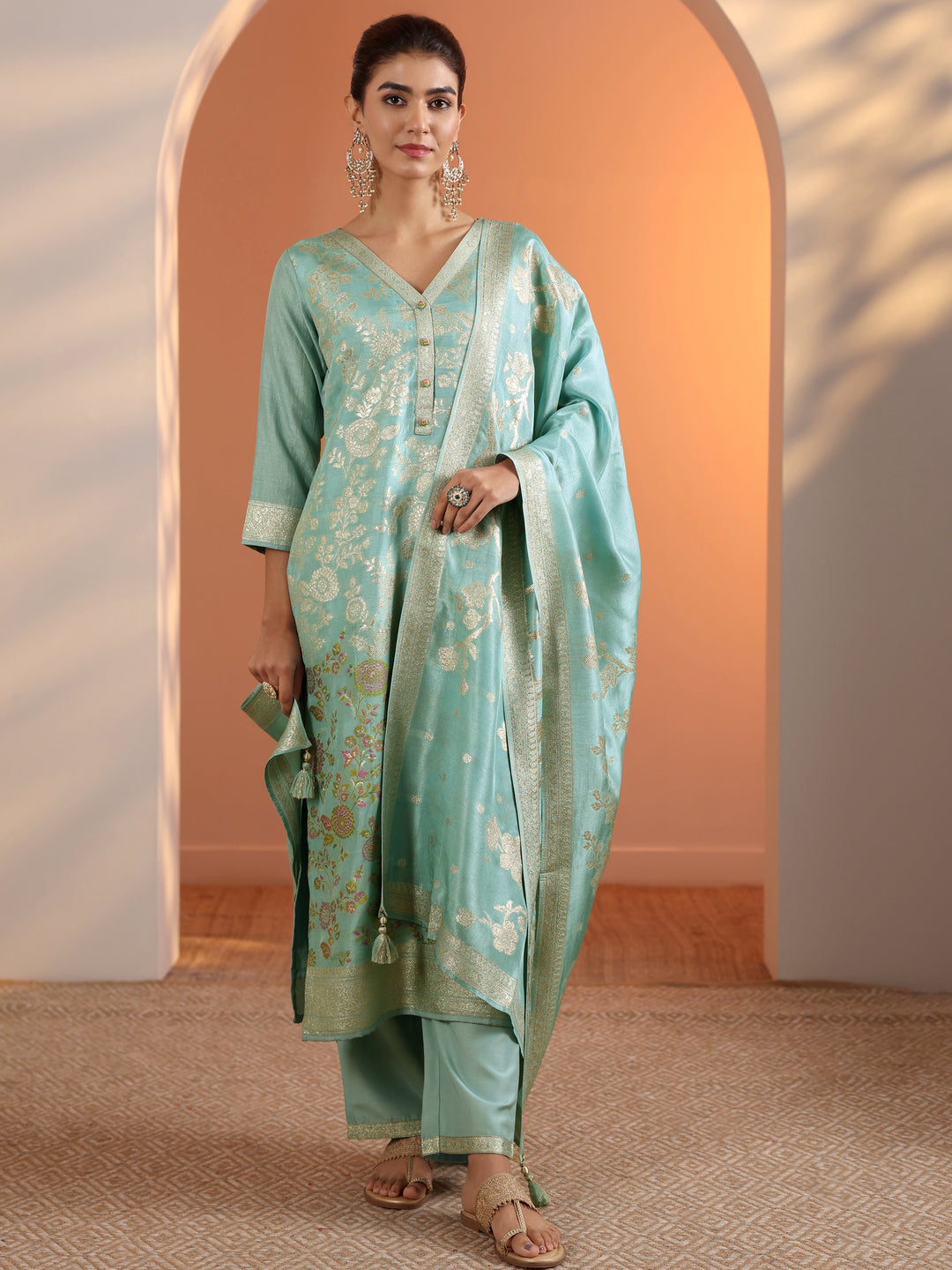 Blue Woven Design Silk Blend Straight Suit Set With Dupatta