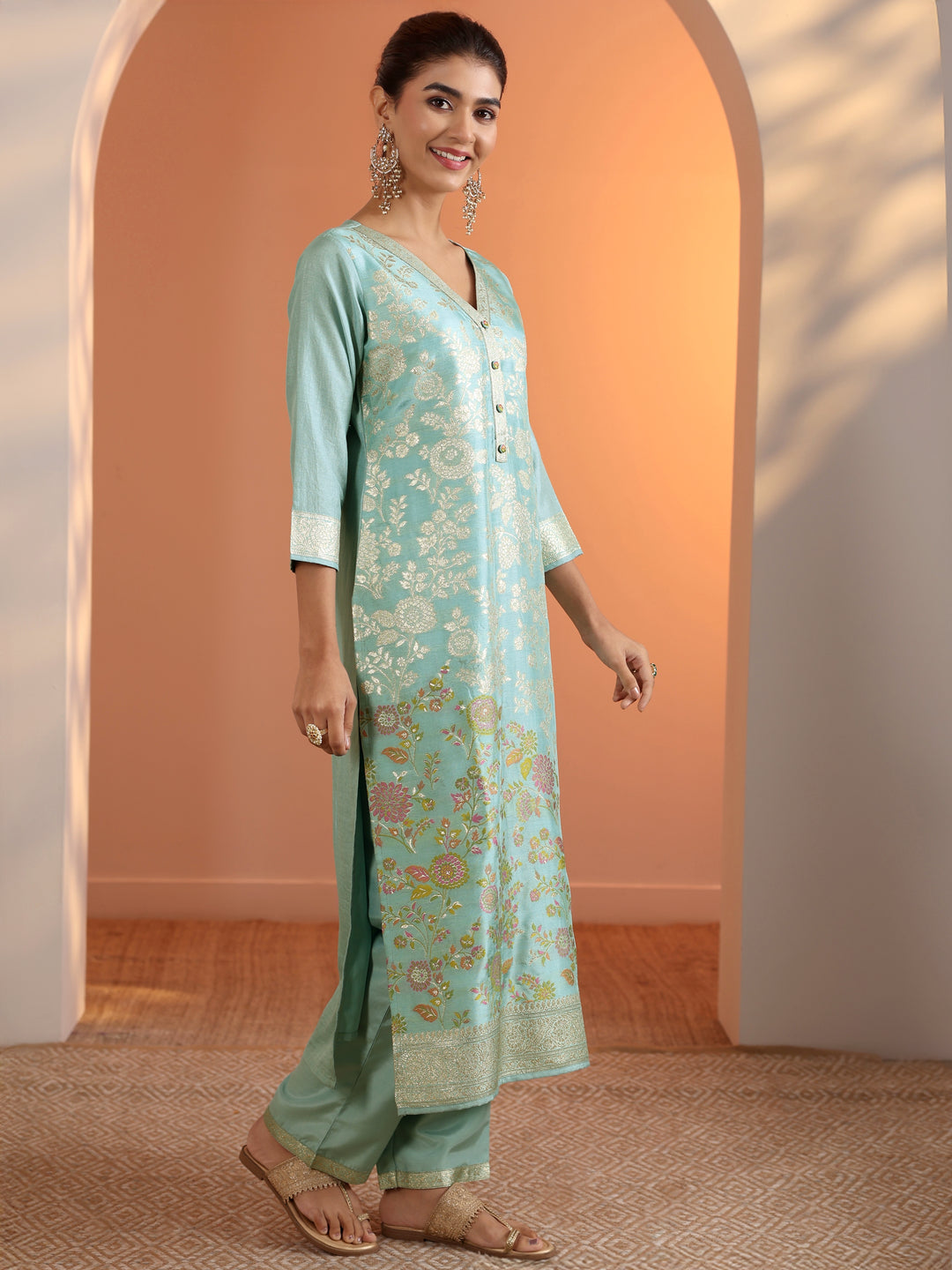 Blue Woven Design Silk Blend Straight Suit Set With Dupatta