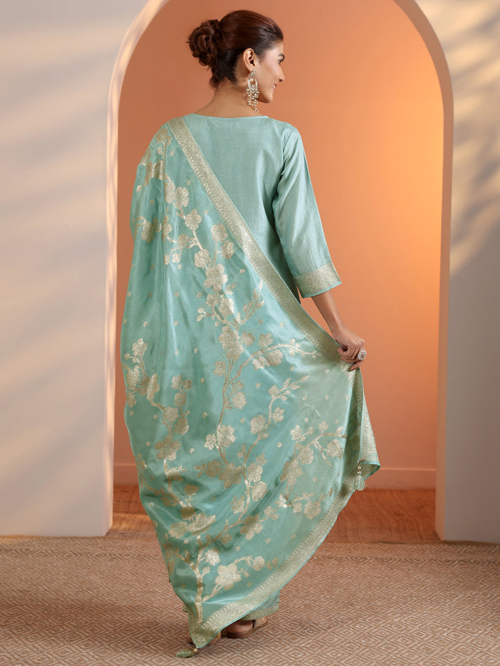 Blue Woven Design Silk Blend Straight Suit Set With Dupatta