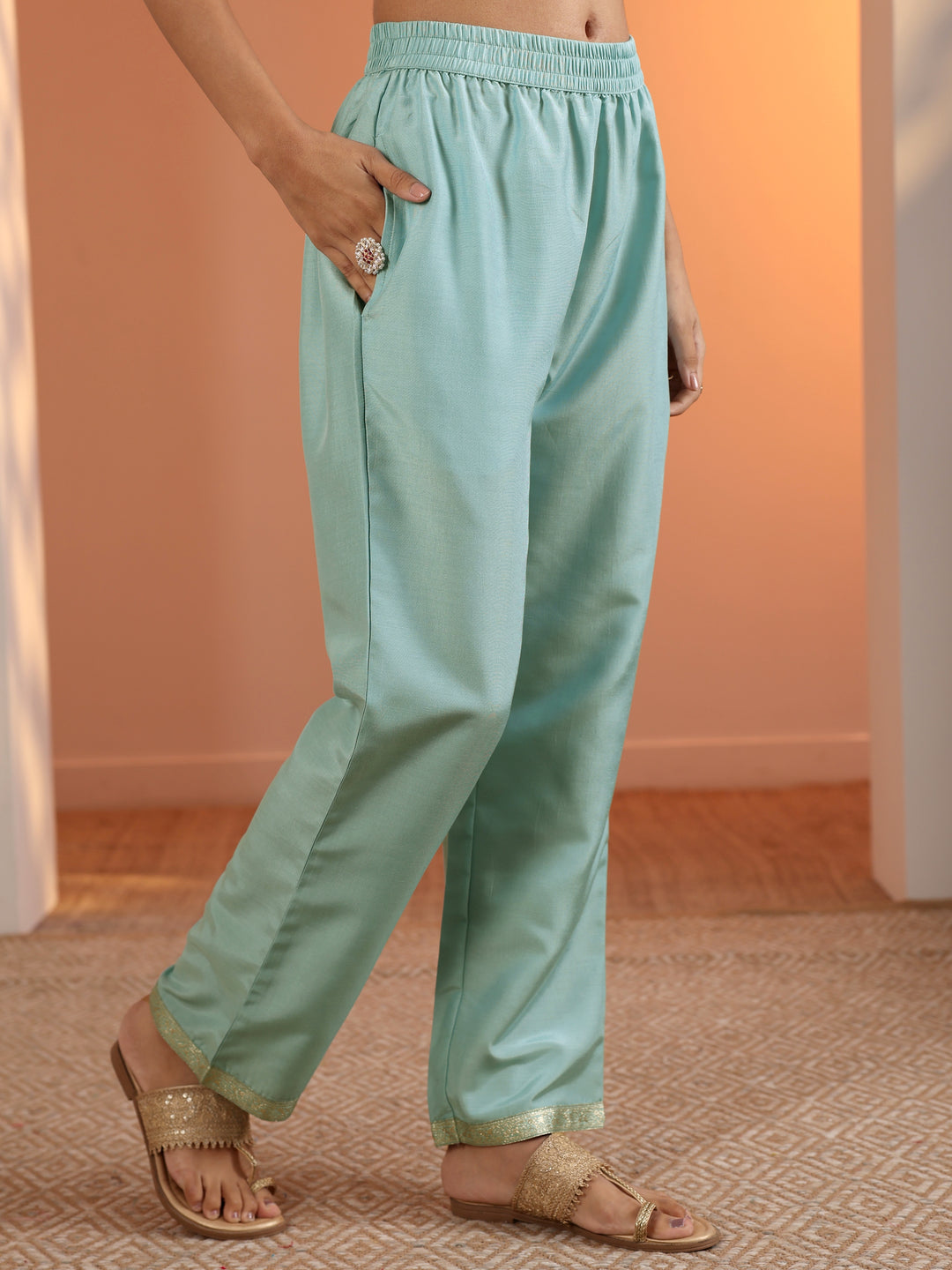 Blue Woven Design Silk Blend Straight Suit Set With Dupatta