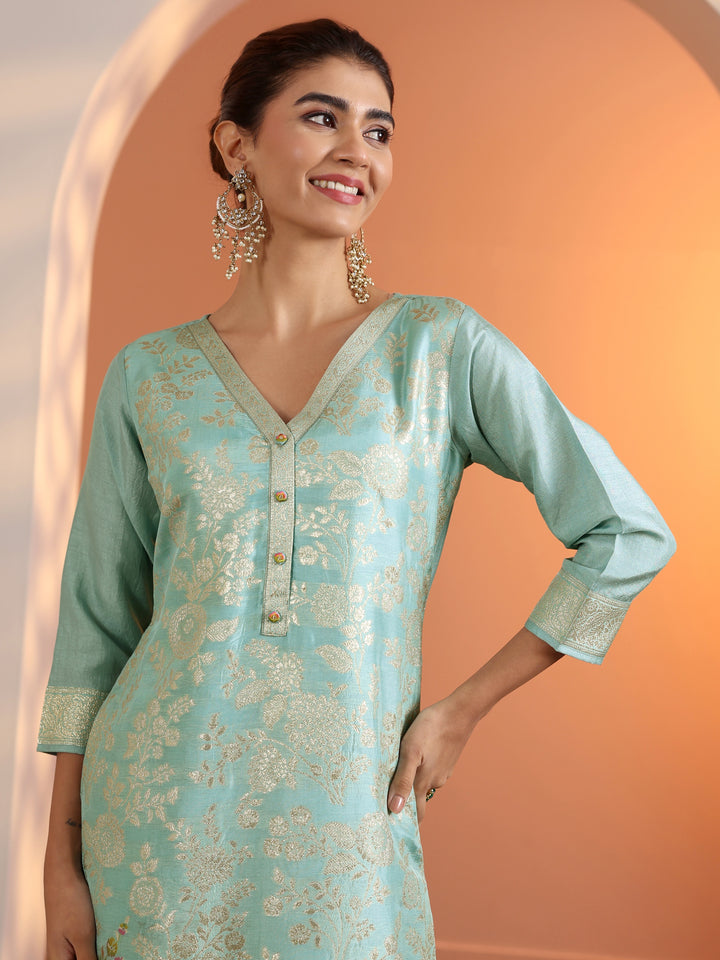 Blue Woven Design Silk Blend Straight Suit Set With Dupatta