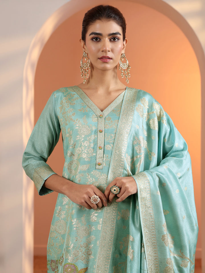 Blue Woven Design Silk Blend Straight Suit Set With Dupatta
