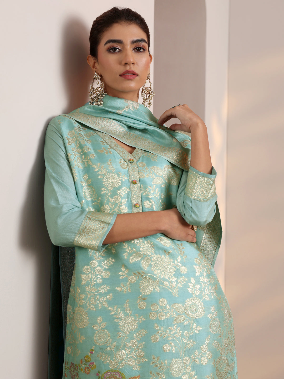 Blue Woven Design Silk Blend Straight Suit Set With Dupatta