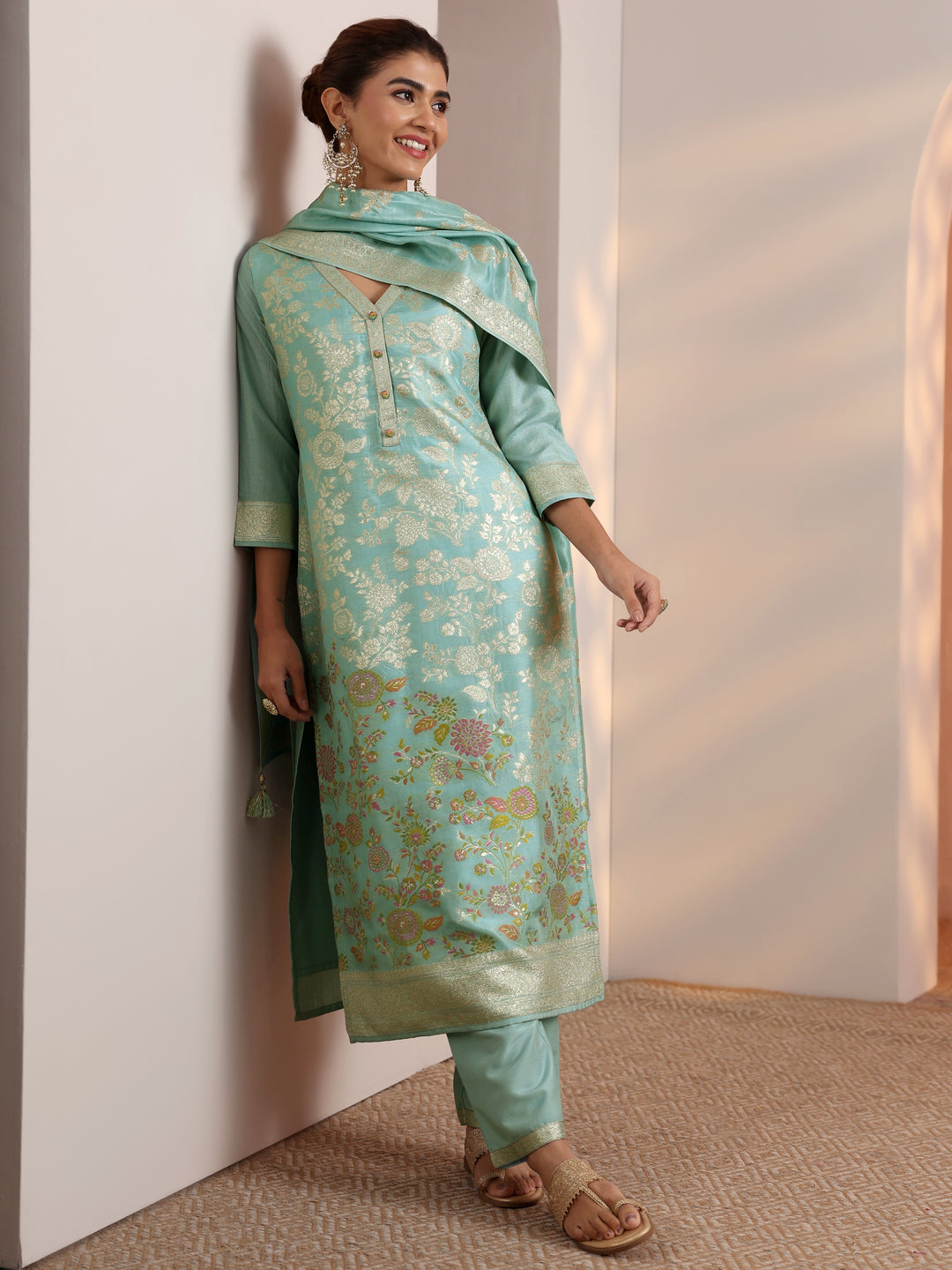 Blue Woven Design Silk Blend Straight Suit Set With Dupatta