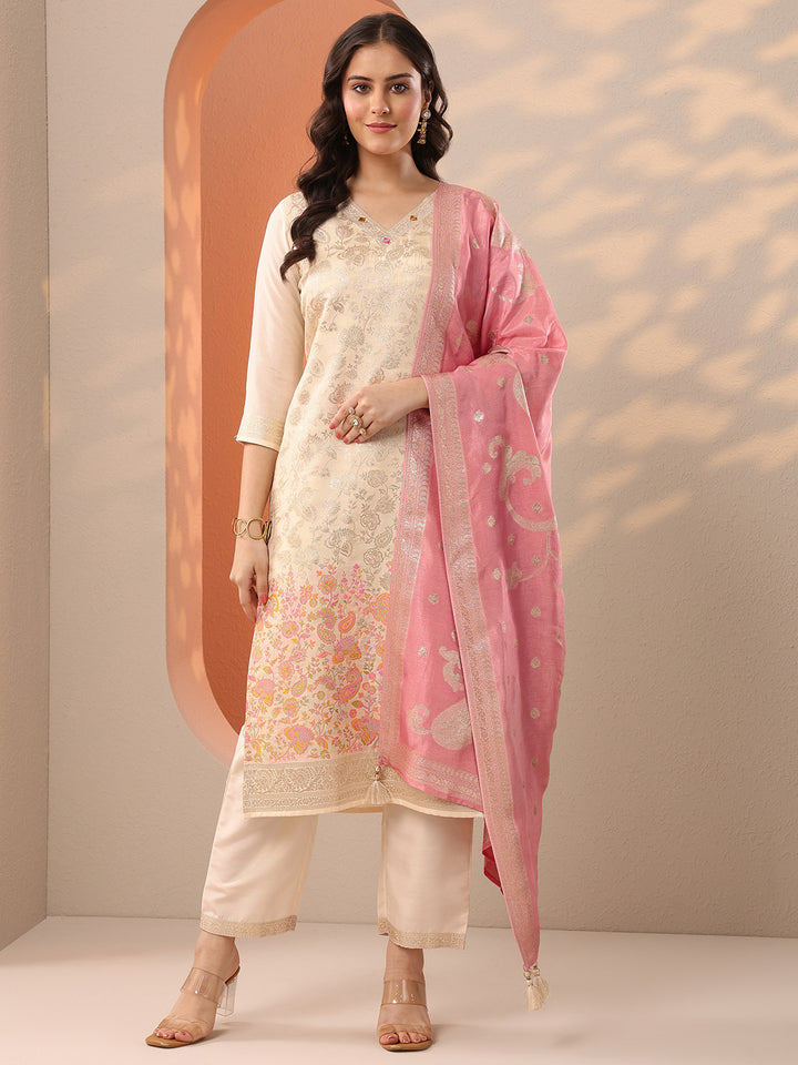 Off White Woven Design Silk Blend Straight Suit Set With Dupatta