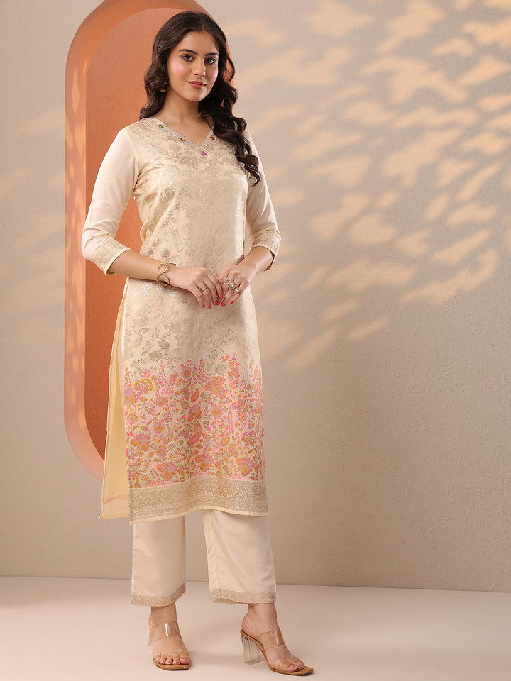 Off White Woven Design Silk Blend Straight Suit Set With Dupatta