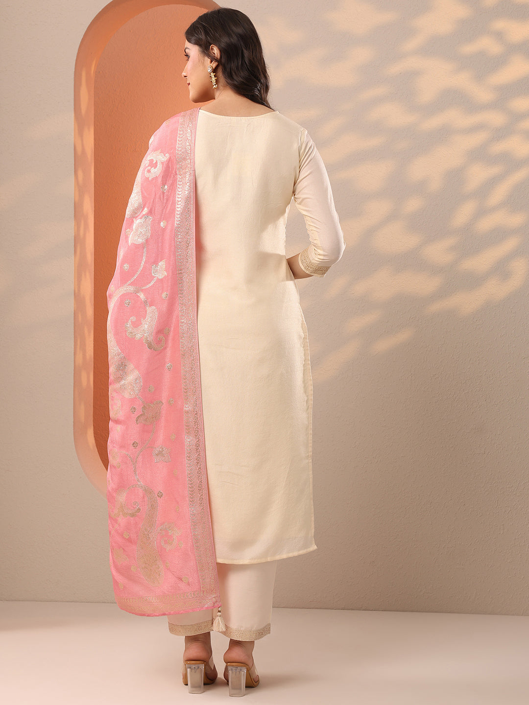 Off White Woven Design Silk Blend Straight Suit Set With Dupatta